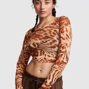PINK Victoria's Secret Brown and Cream Fitted Long Sleeve Crop Top Chloe X Halle
